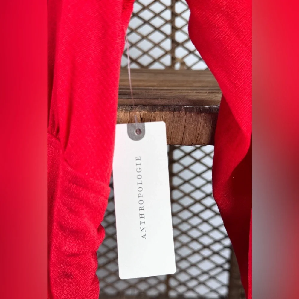 Anthropologie V-Neck Ruched Mesh Midi Dress Red Long Sleeve Size M NWT - Picture 7 of 8